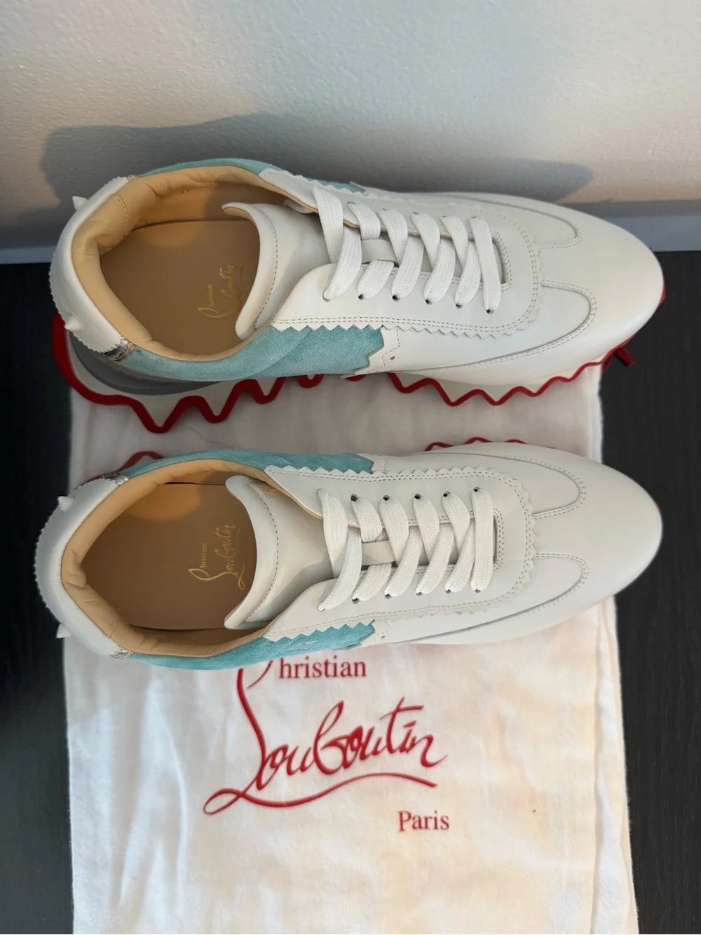 Christian Louboutin Men’s Loubishark CL Paris Sneakers White Turquoise Red (42)
